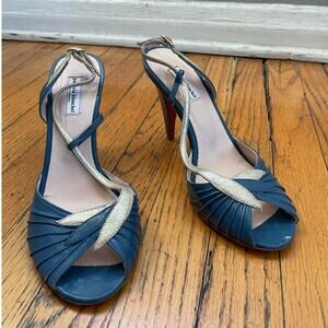 Patricia Blanchet Blue & Light Gold Art Deco Slingback Size 37/ US 6.5